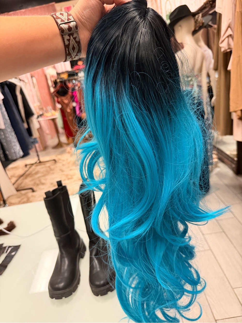 Black to Bright Blue Ombre Long Wavy Women's Hairpiece